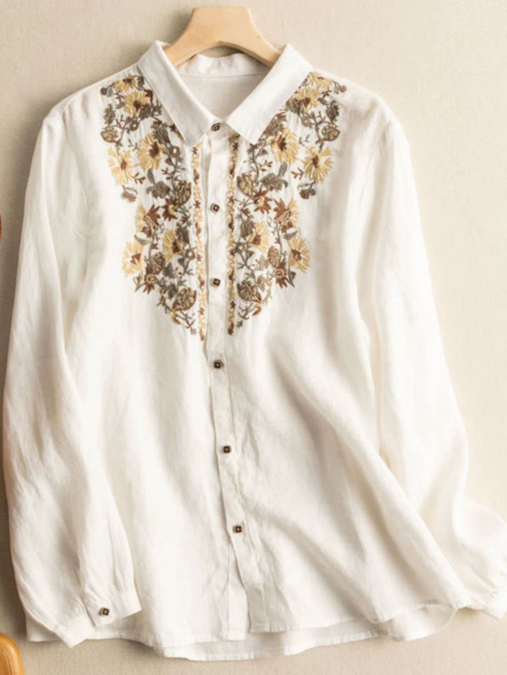Embroidered Cotton-Linen Blouse with Shirt Collar