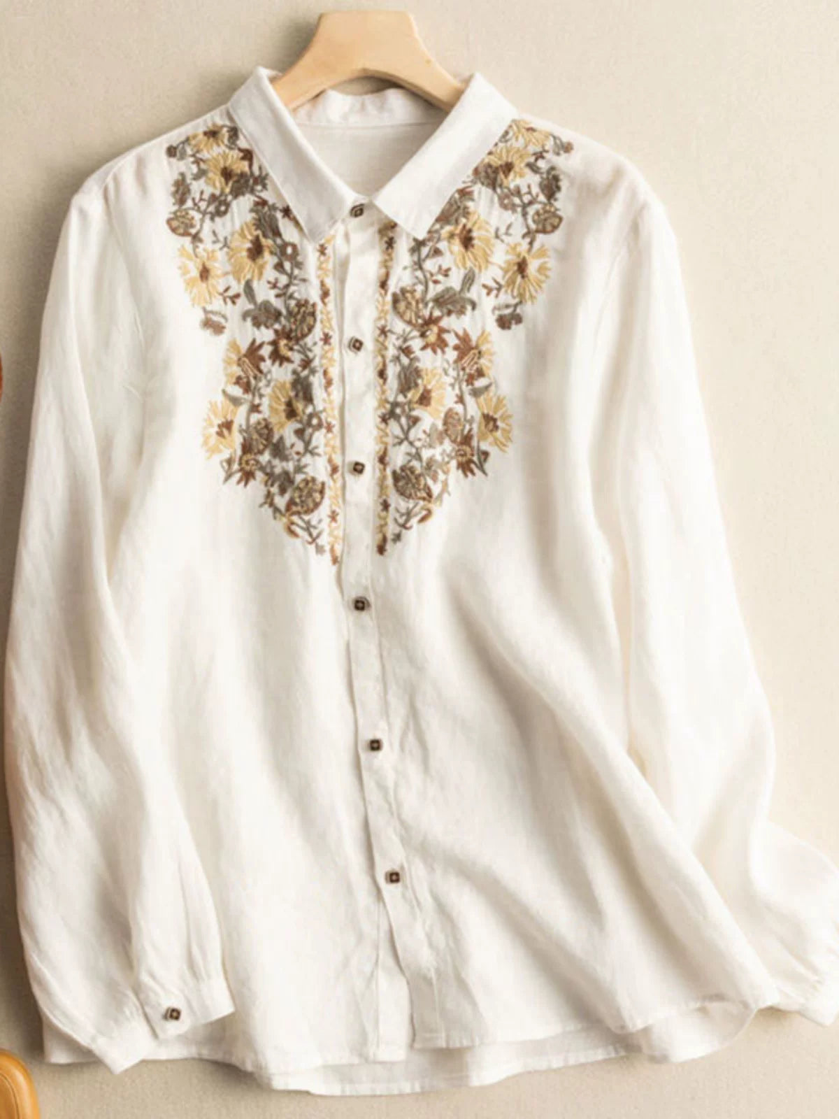 Embroidered Cotton-Linen Blouse with Shirt Collar
