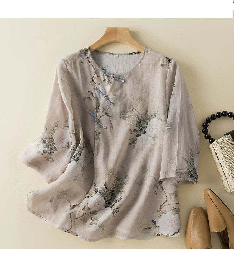 Botanical Bird Print Cotton Linen Three Quarter Sleeve Shirt