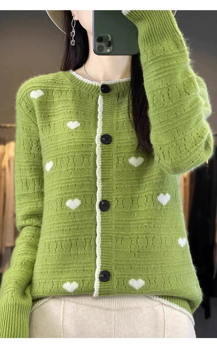 Heart-Motif Wool-Like Knit Cardigan, Relaxed Hip-Length