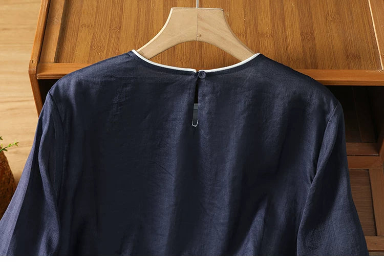 Cotton Linen Three Quarter Sleeve Shirt with Contrast Trim