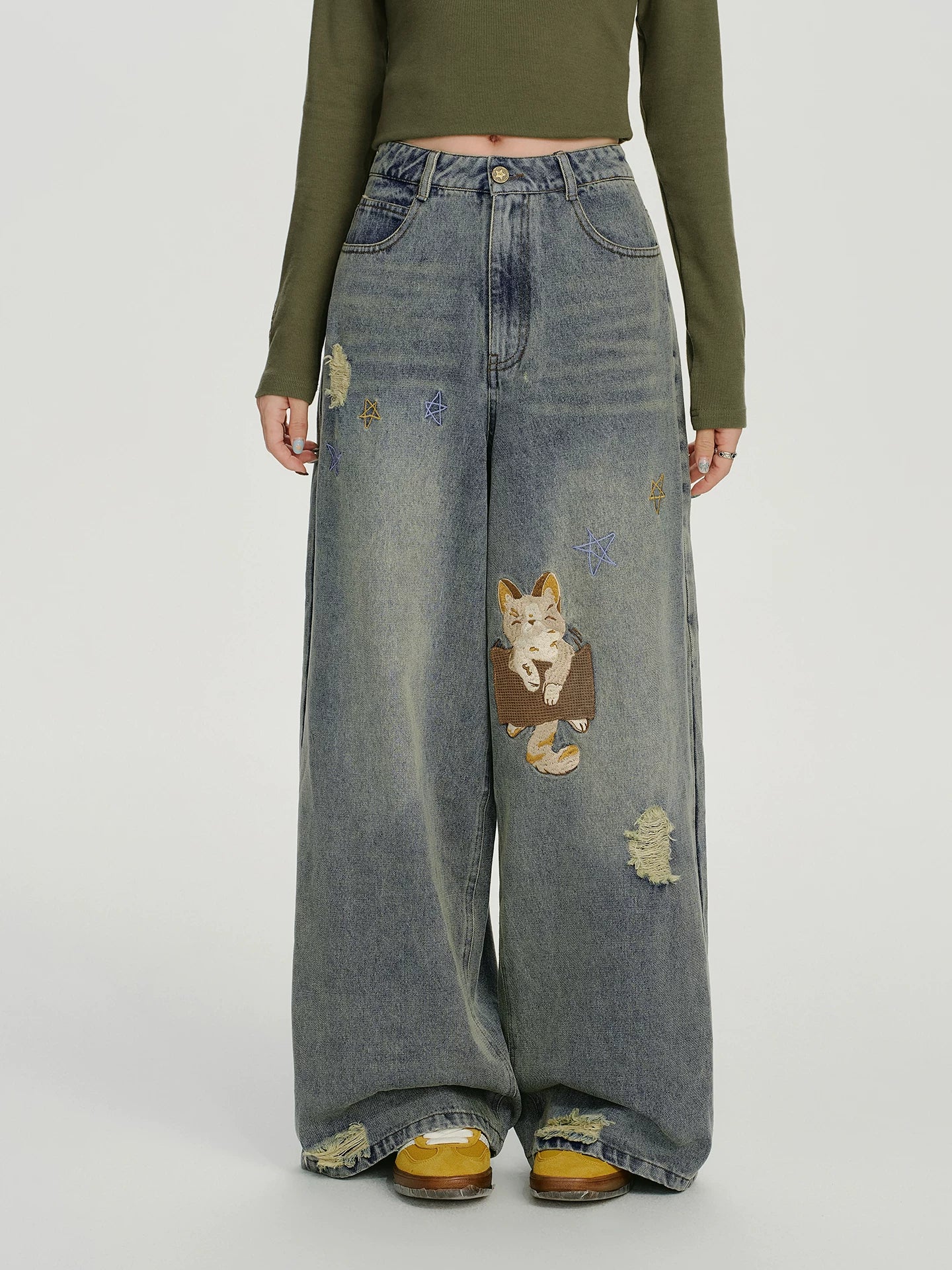 Retro Washed Embroidered Wide-Leg Denim Pants