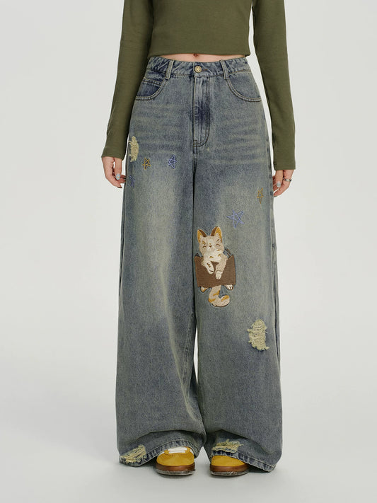 Retro Washed Embroidered Wide-Leg Denim Pants