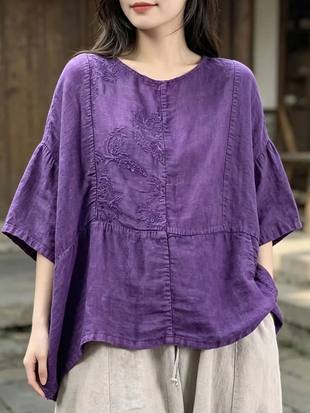 100% Linen Top with Embroidered Floral Motif
