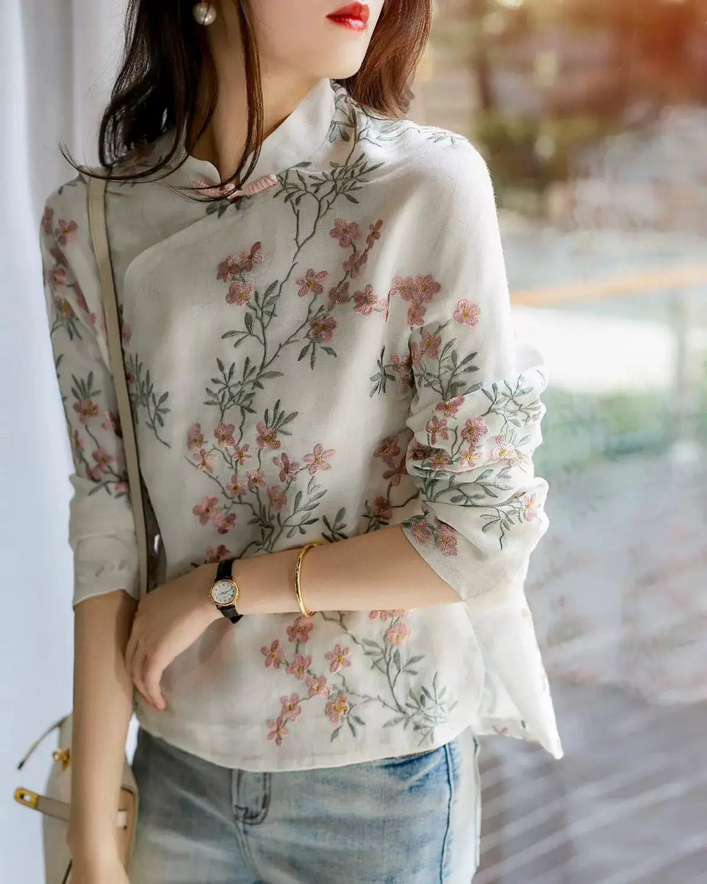 Off-White Floral Embroidered Linen-Look Top