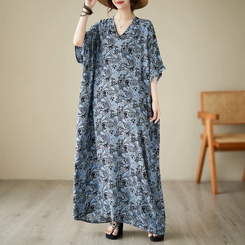 Relaxed Floral Short Sleeve Dress in Soft Cotton Blend