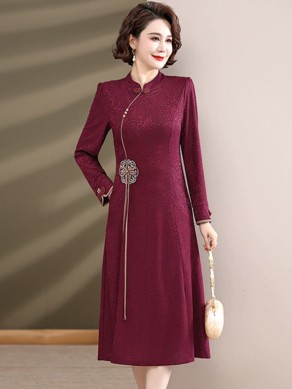 Linen-Look Textured Midi Dress with Chinese-Style Stand Collar