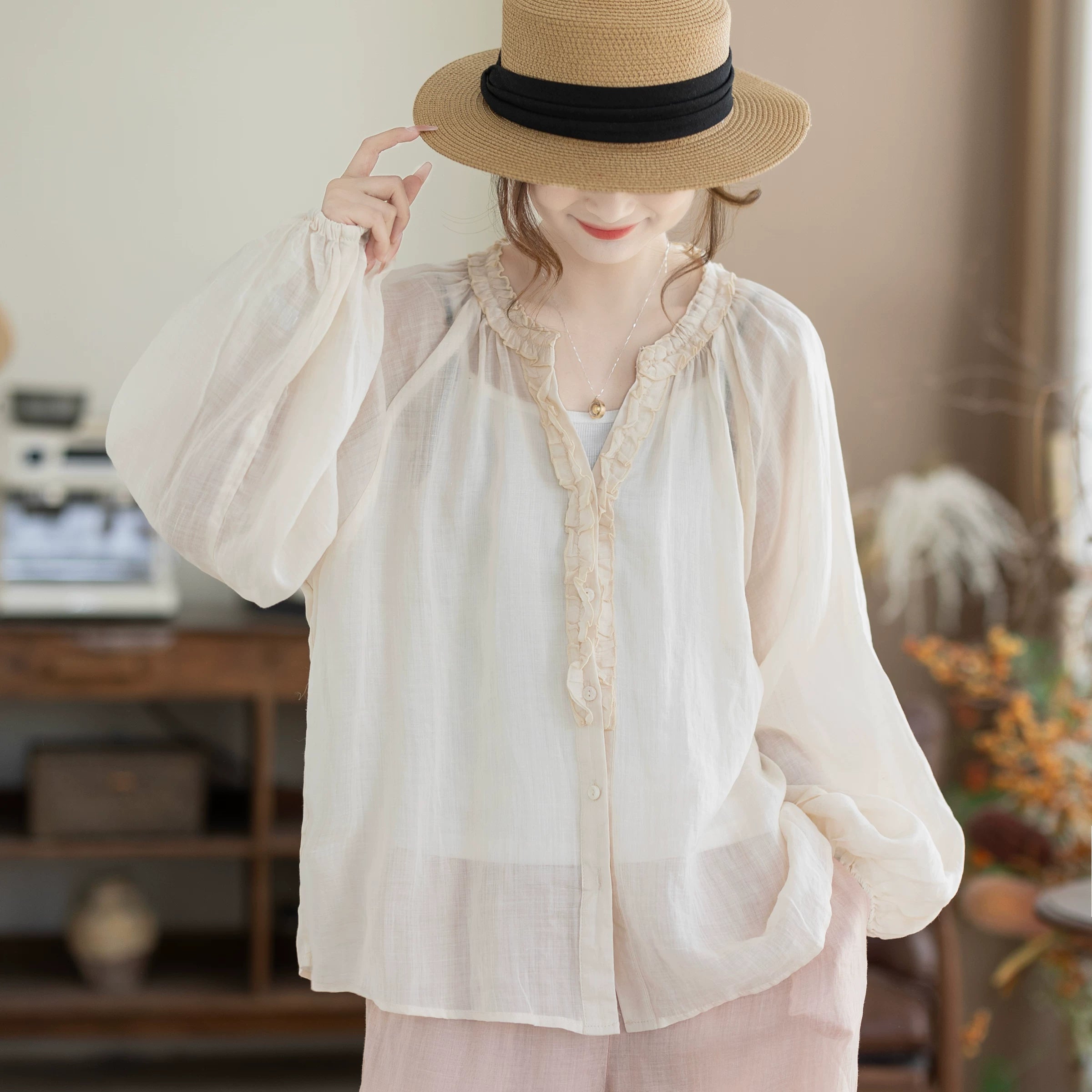 100% Ramie Blouse with Ruffled V-Neck & Elbow Sleeves