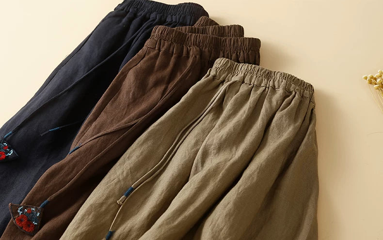 Embroidered Floral Pendant A-Line Midi Skirt, 100% Ramie