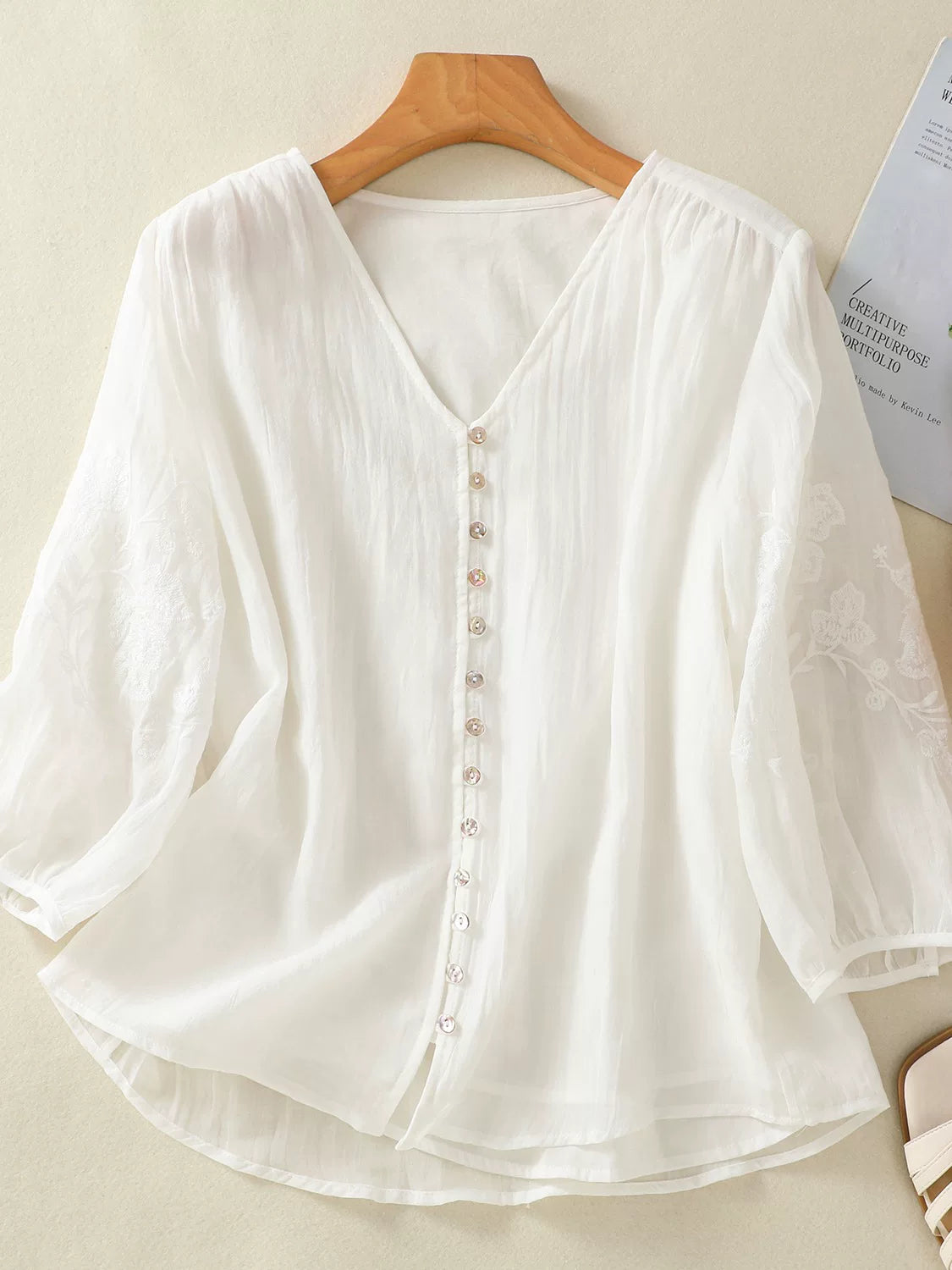 Embroidered Three Quarter Sleeve V-Neck Blouse