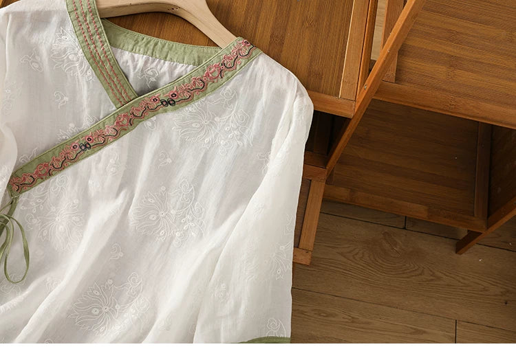 Embroidered Trim Three Quarter Sleeve Shirt