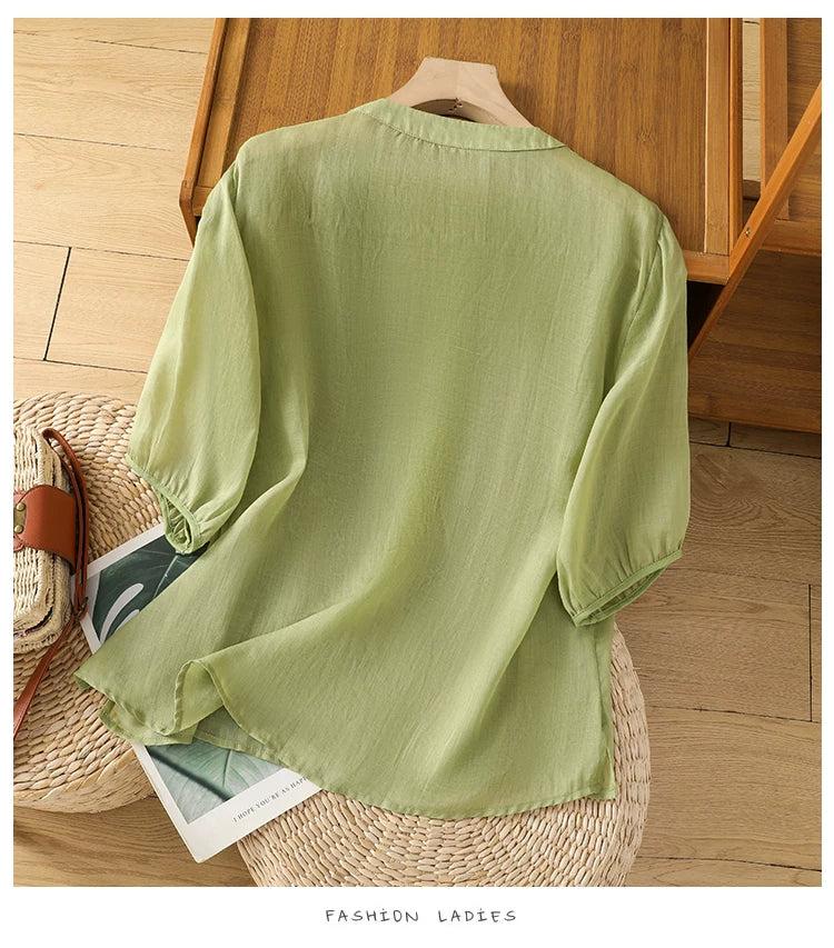 Cotton-Linen Blouse with Floral Lace Embroidery