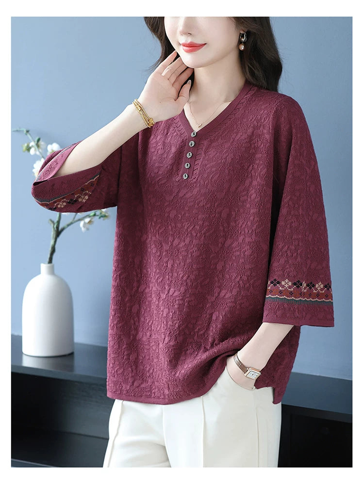 Textured Woven Blouse with Embroidered Cuffs