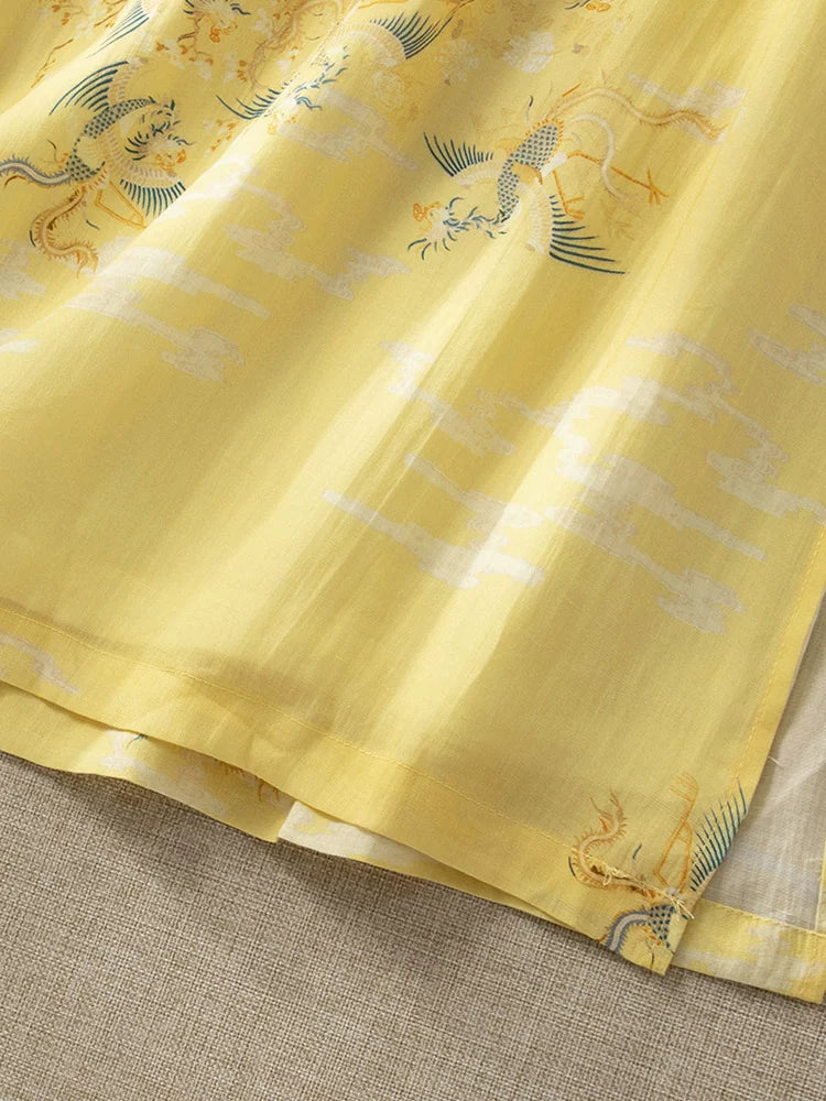 Dragon Crane Print Cotton Linen Three Quarter Sleeve Maxi Dress