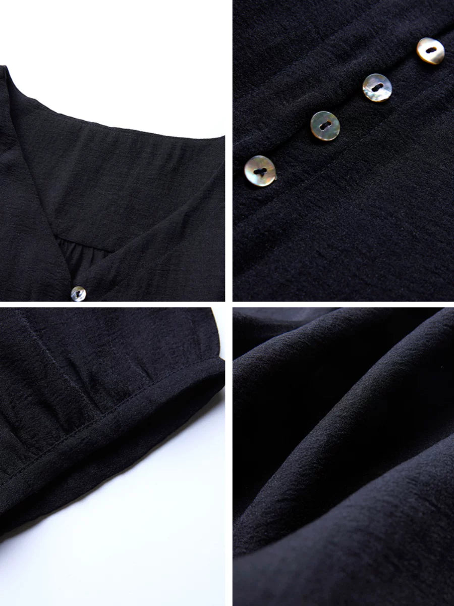 Black Button-Front Top with V-Neck and Mid-Length Sleeves