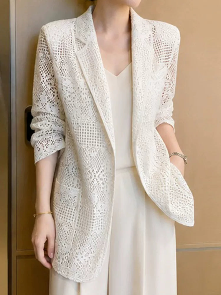 White Hollow-Out Lace Jacket, Open-Front Relaxed Fit