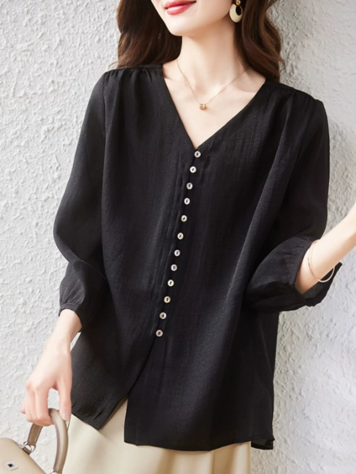 Black Button-Front Top with V-Neck and Mid-Length Sleeves