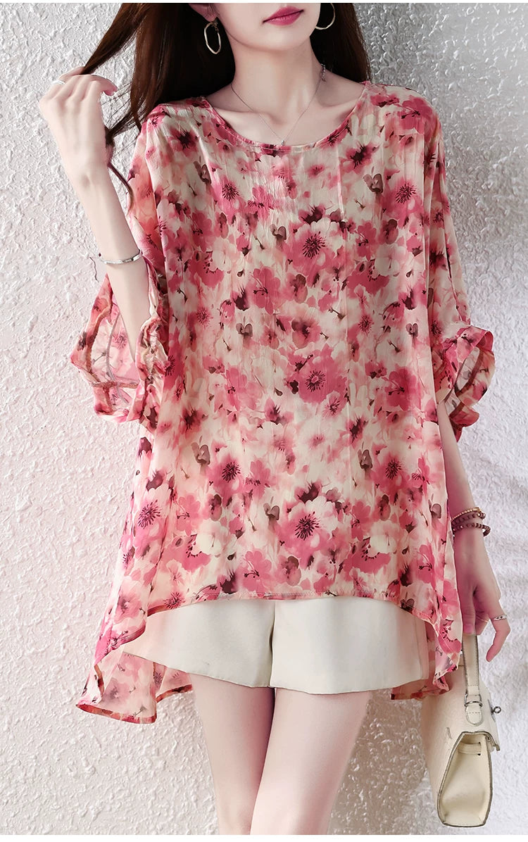 Floral Print Relaxed Top with Ruffled Elbow Sleeves