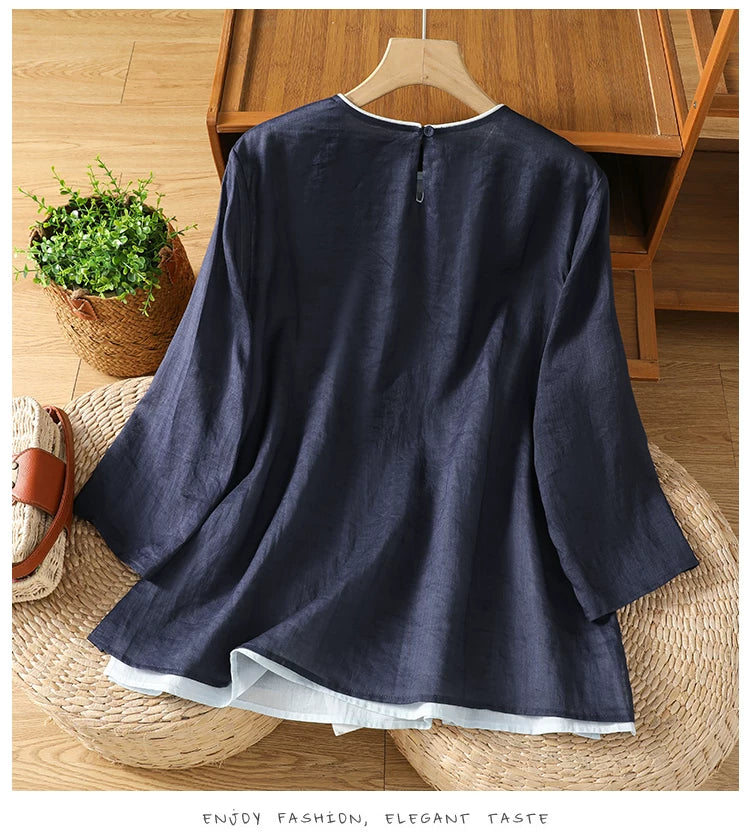 Cotton Linen Three Quarter Sleeve Shirt with Contrast Trim
