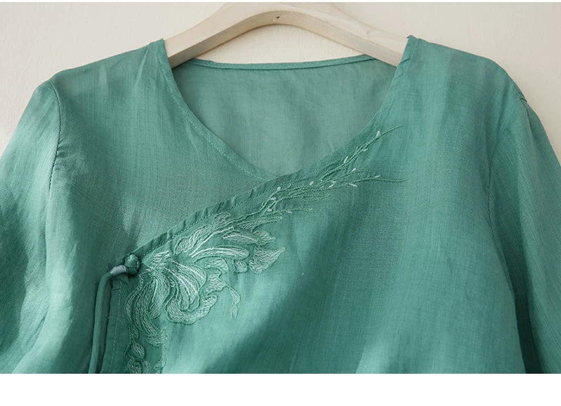 Embroidered V-Neck Top with Asymmetrical Tie Detail