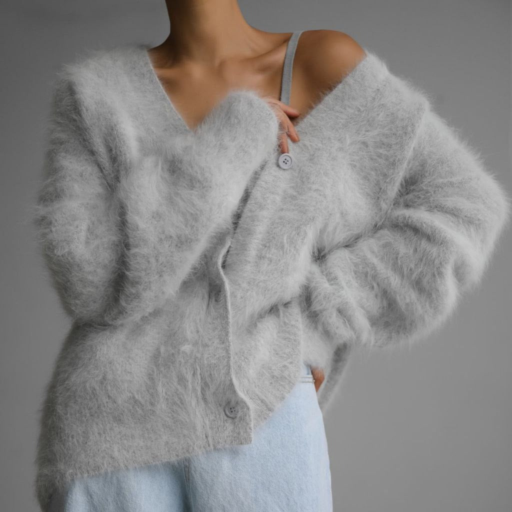 Acrylic Fuzzy Knit Cardigan, V-Neck Open Front, Relaxed Oversized