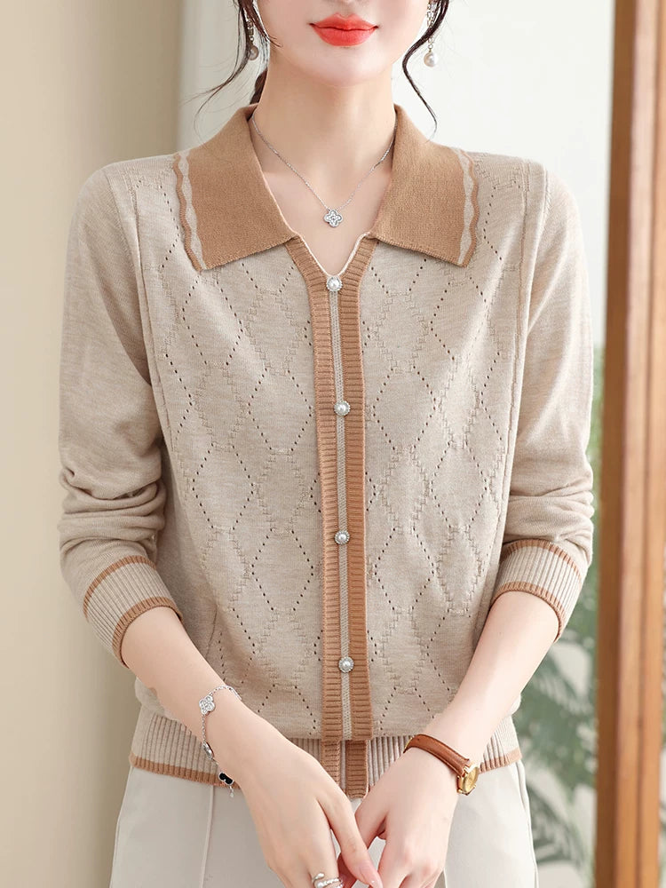 Diamond-Pattern Knit Cardigan with Contrast Collar Trim