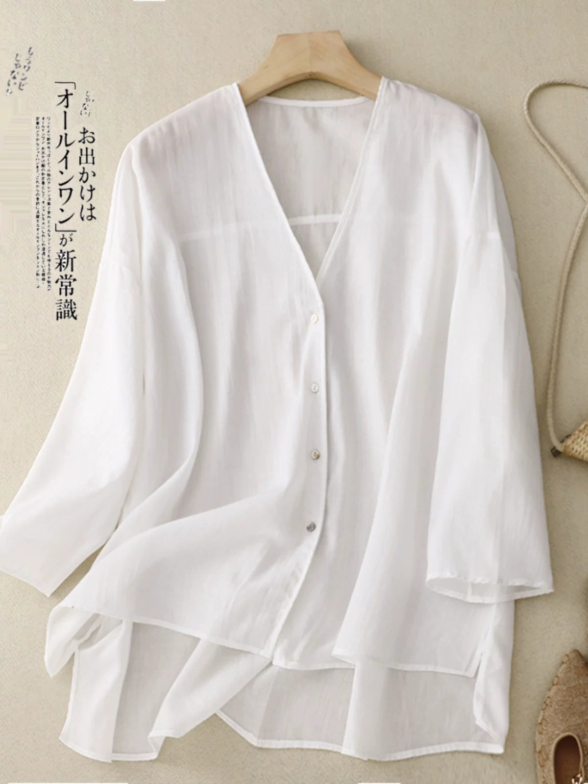 Cotton Linen V-Neck Three Quarter Sleeve Shirt