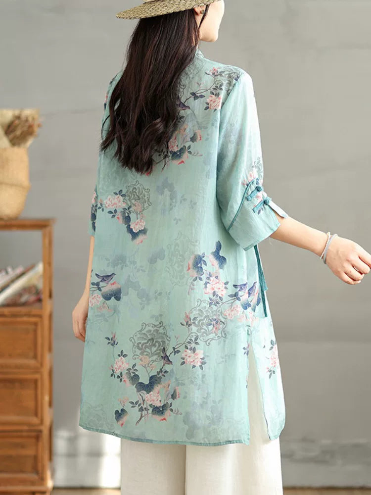 Relaxed Floral Tunic with Embroidered Panel & Tie Detail
