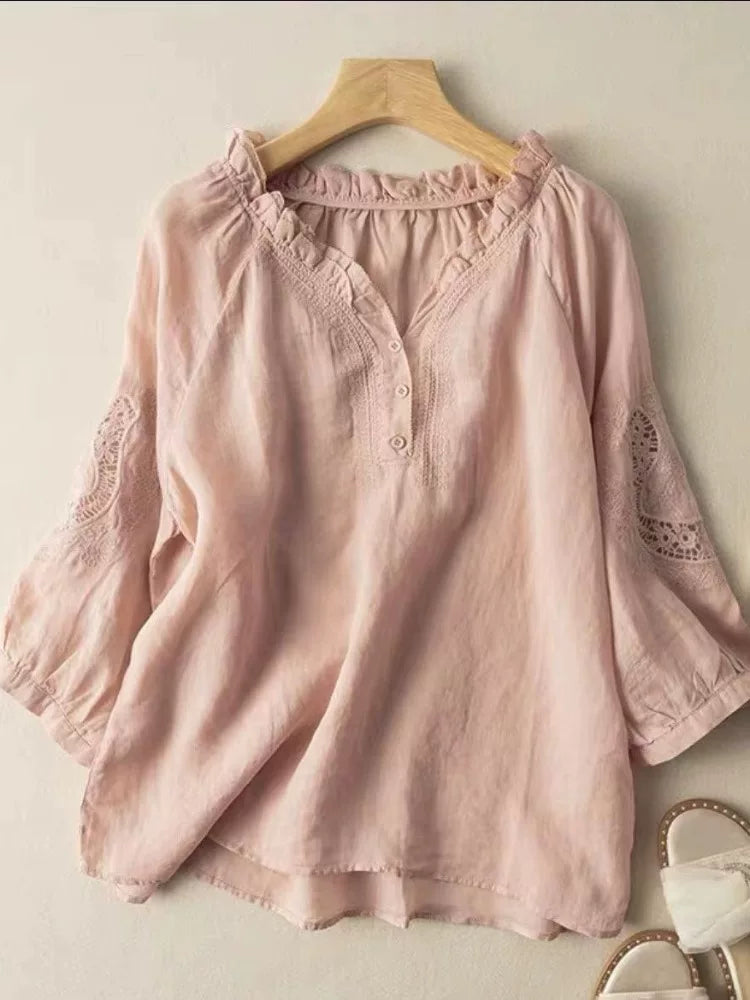 Embroidered Eyelet Lace Trim Half Sleeve Shirt
