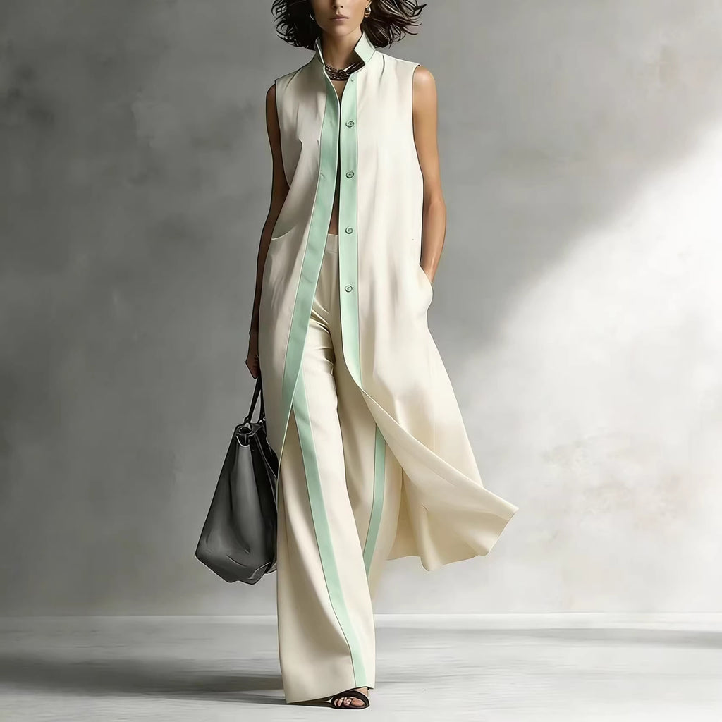 Relaxed Two-Piece Set with Stand Collar & Contrast Piping