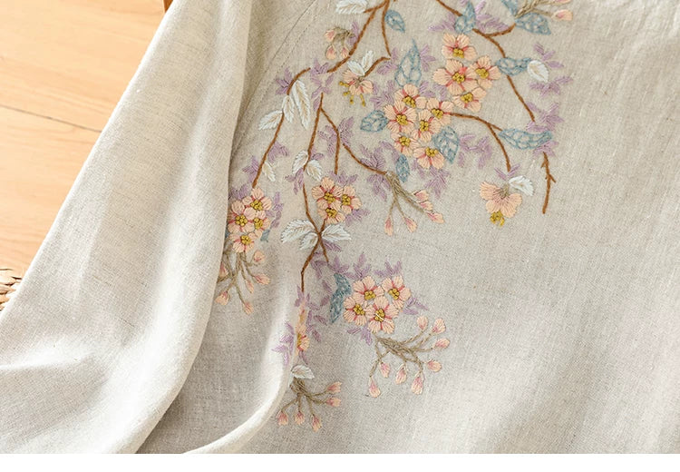 Embroidered Cotton Linen Three Quarter Sleeve Shirt