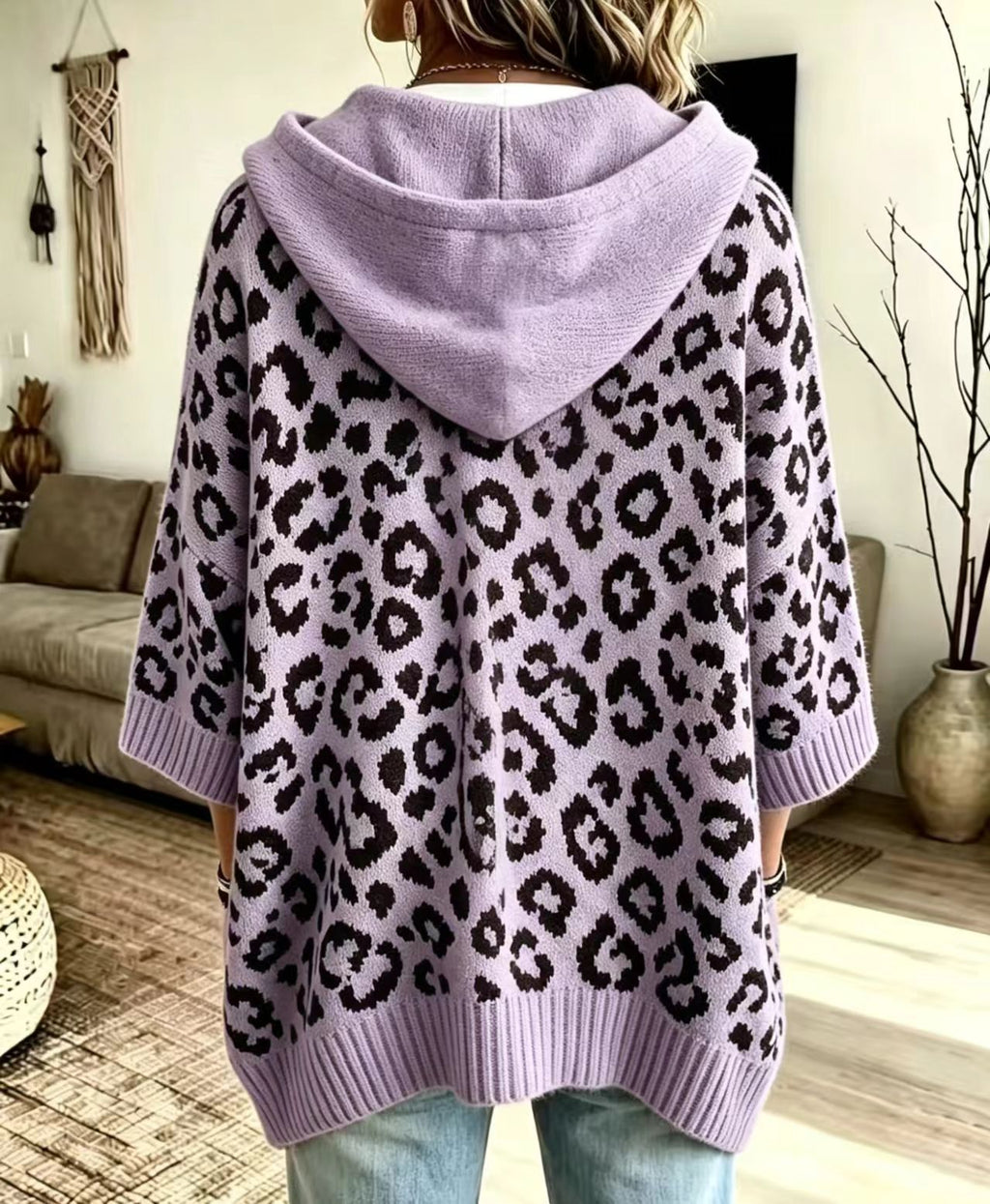 Leopard Jacquard Hooded Knit Top, Oversized Pullover