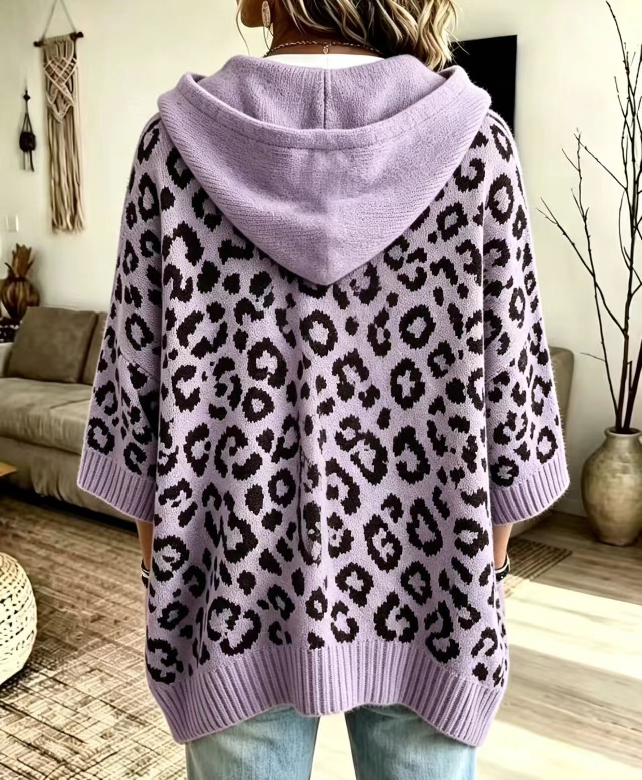 Leopard Jacquard Hooded Knit Top, Oversized Pullover
