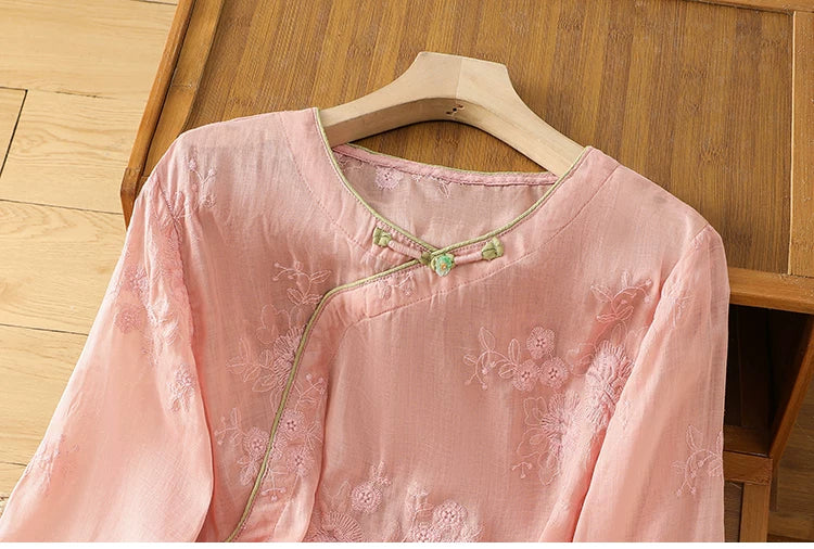 Embroidered Cotton Linen Three Quarter Sleeve Shirt