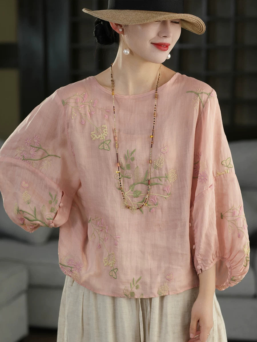 100% Ramie Top with Floral Embroidery & Lantern Sleeves