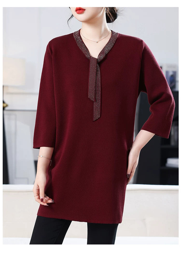 Silky-Feel V-Neck Top with Decorative Tie Detail