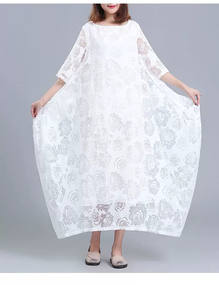 Floral Jacquard Maxi Dress with Sheer Overlay