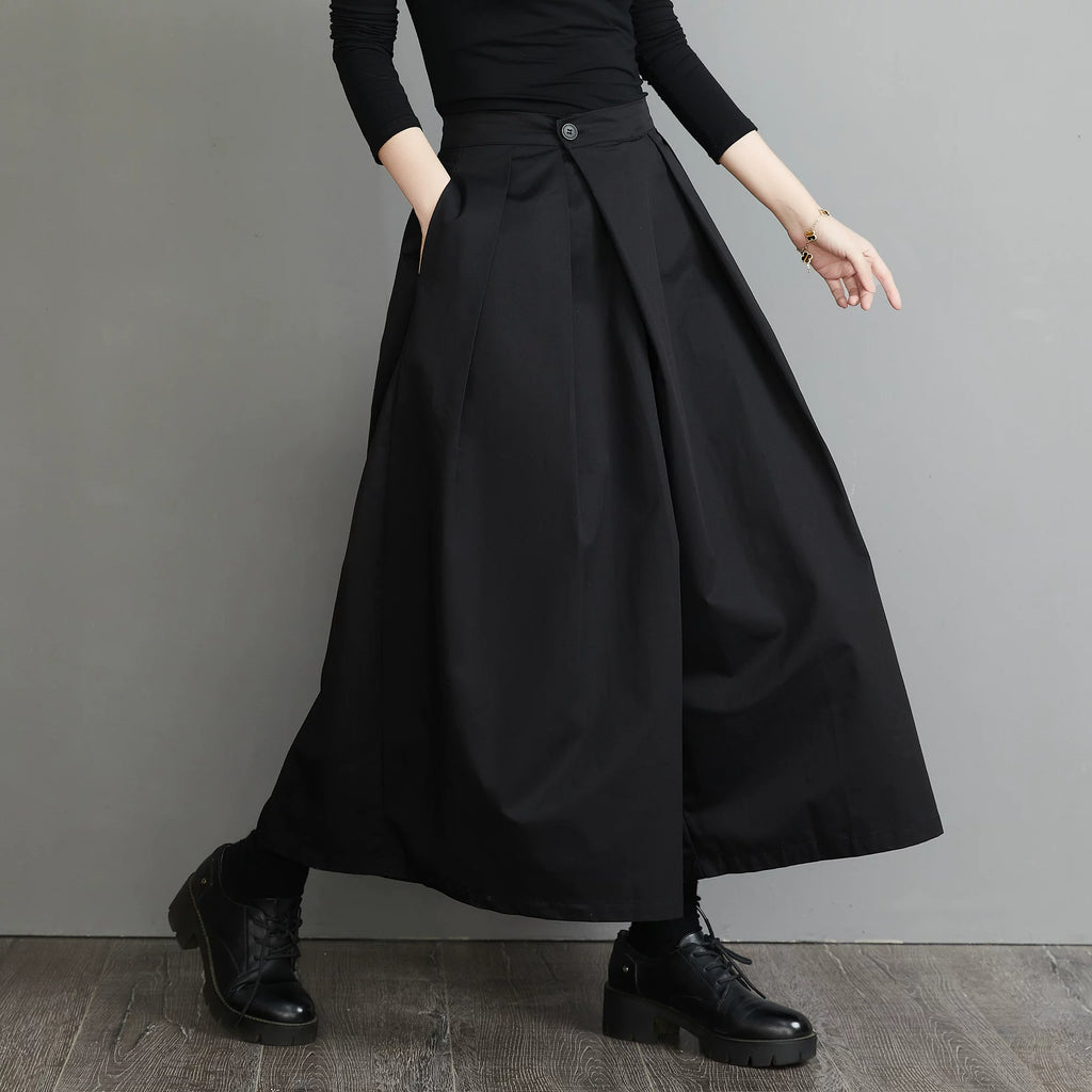 Black Wide-Leg Pants with Front Overlap & Textured Woven Fabric