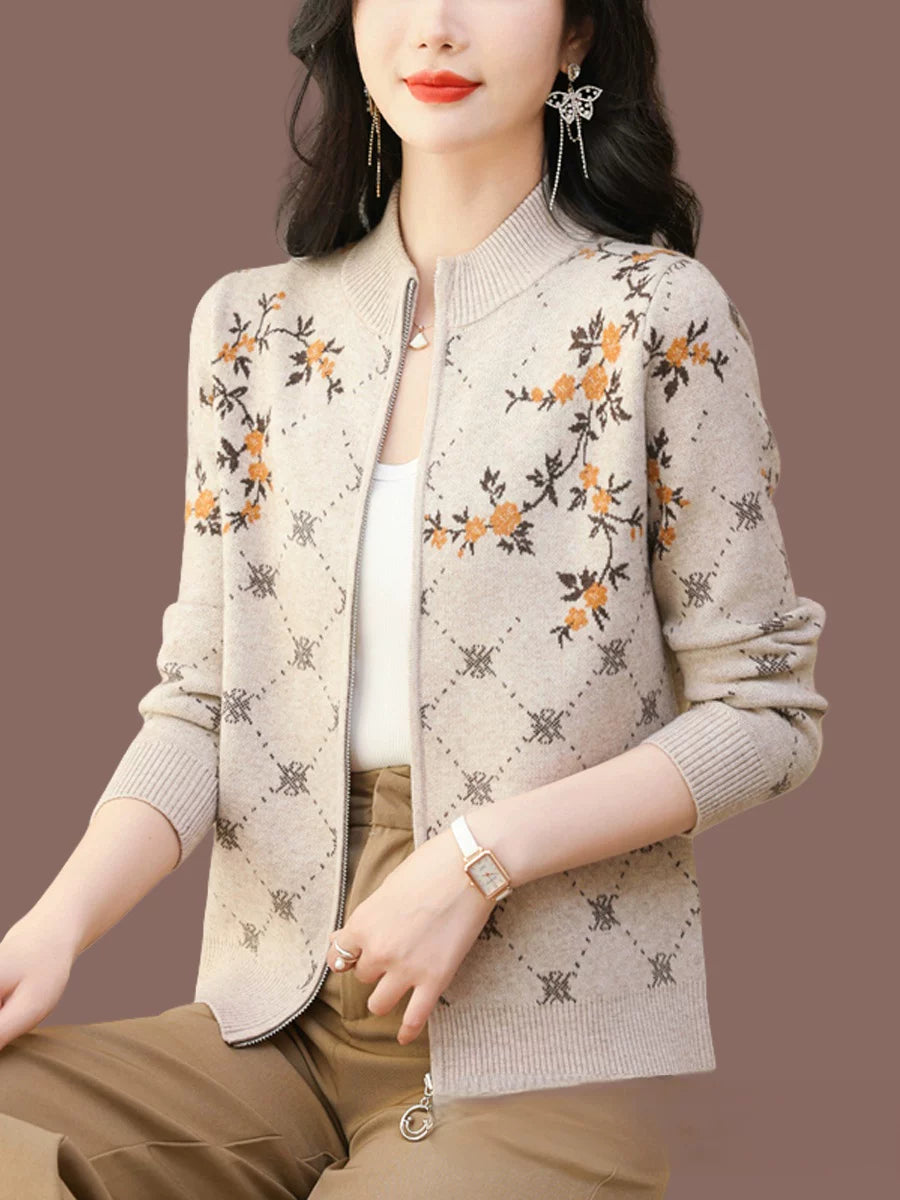Floral Jacquard Zip-Front Cardigan, Small Stand Collar