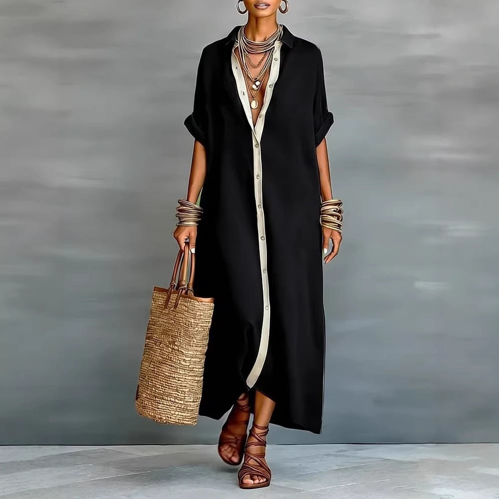 Linen-Look Textured Tunic with Contrast Placket
