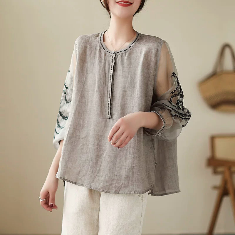 Sheer Mesh Sleeve Top with Embroidered Botanical Detail