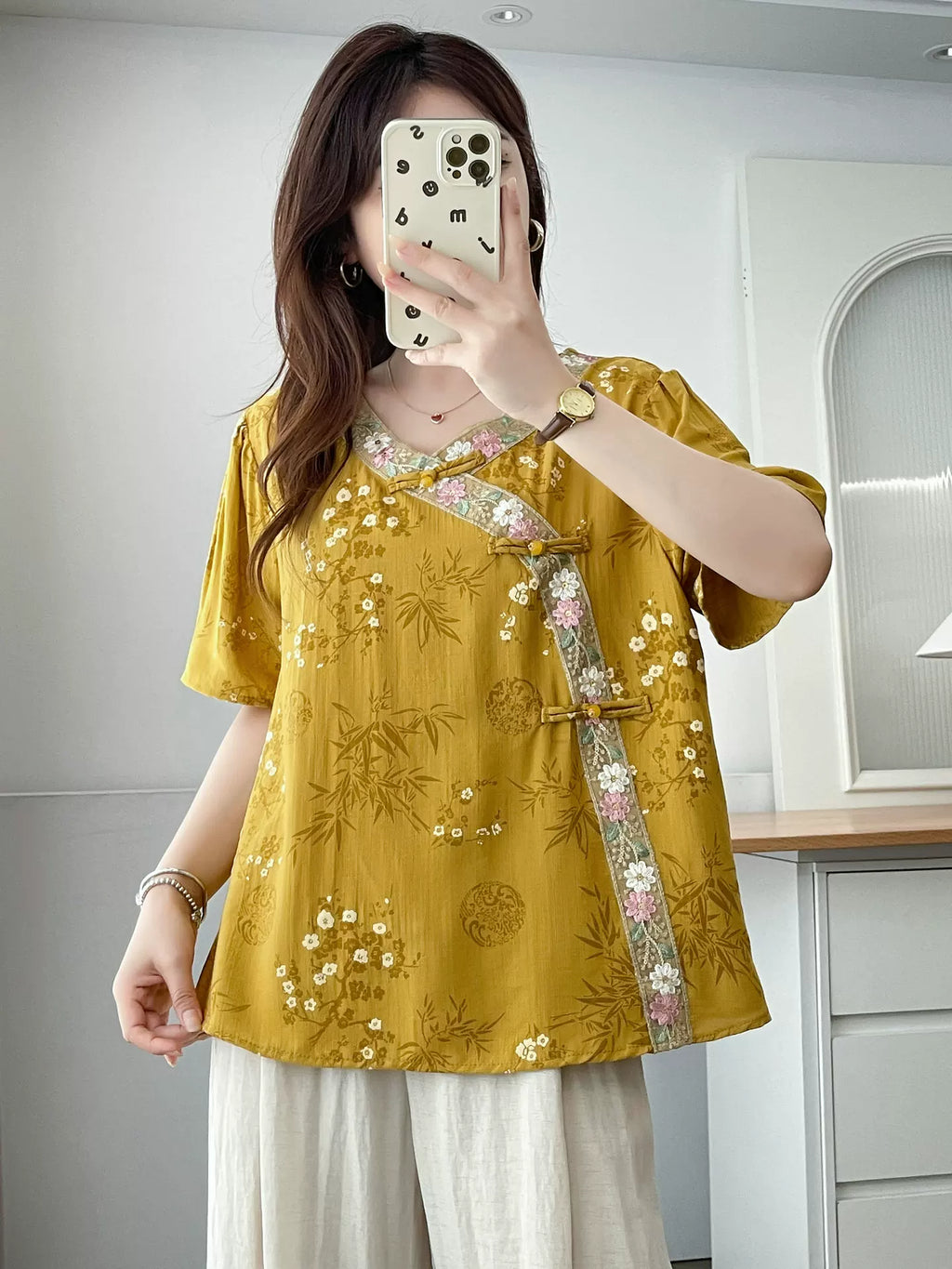 Relaxed V-Neck Tunic with Embroidered Trim & Botanical Print