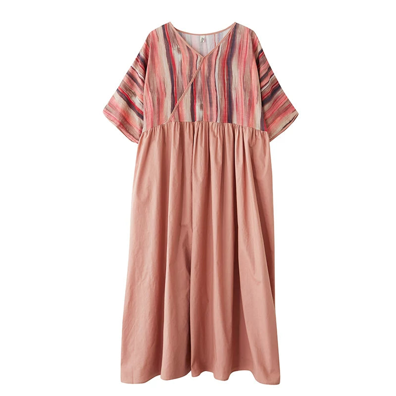 V-Neck Cotton Linen Midi Dress with Stripe Panel