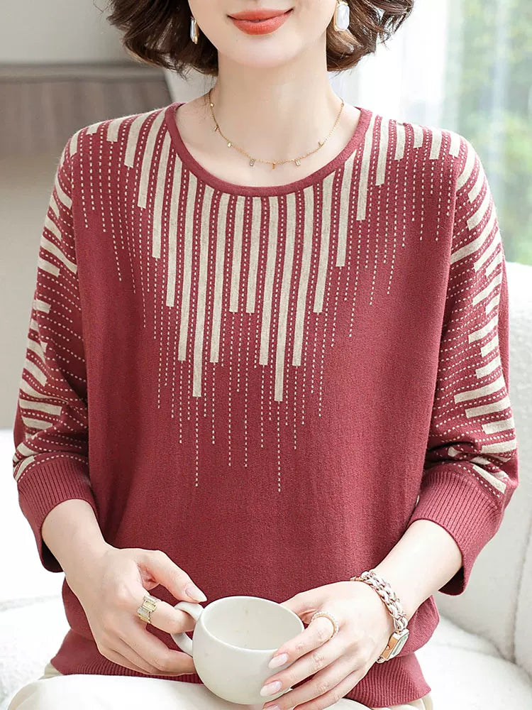 Geometric Jacquard Half Sleeve Knit Top in Polyester