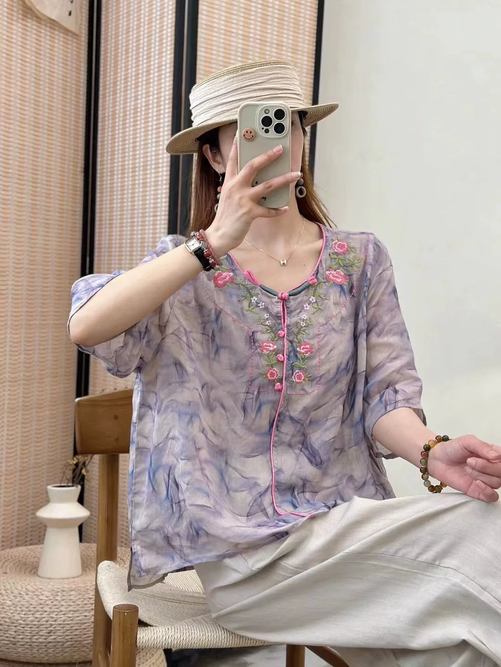 Embroidered Floral Print Half Sleeve Shirt