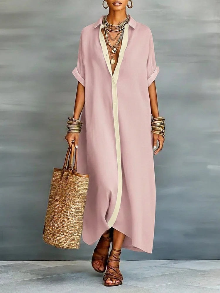 Linen-Look Textured Tunic with Contrast Placket