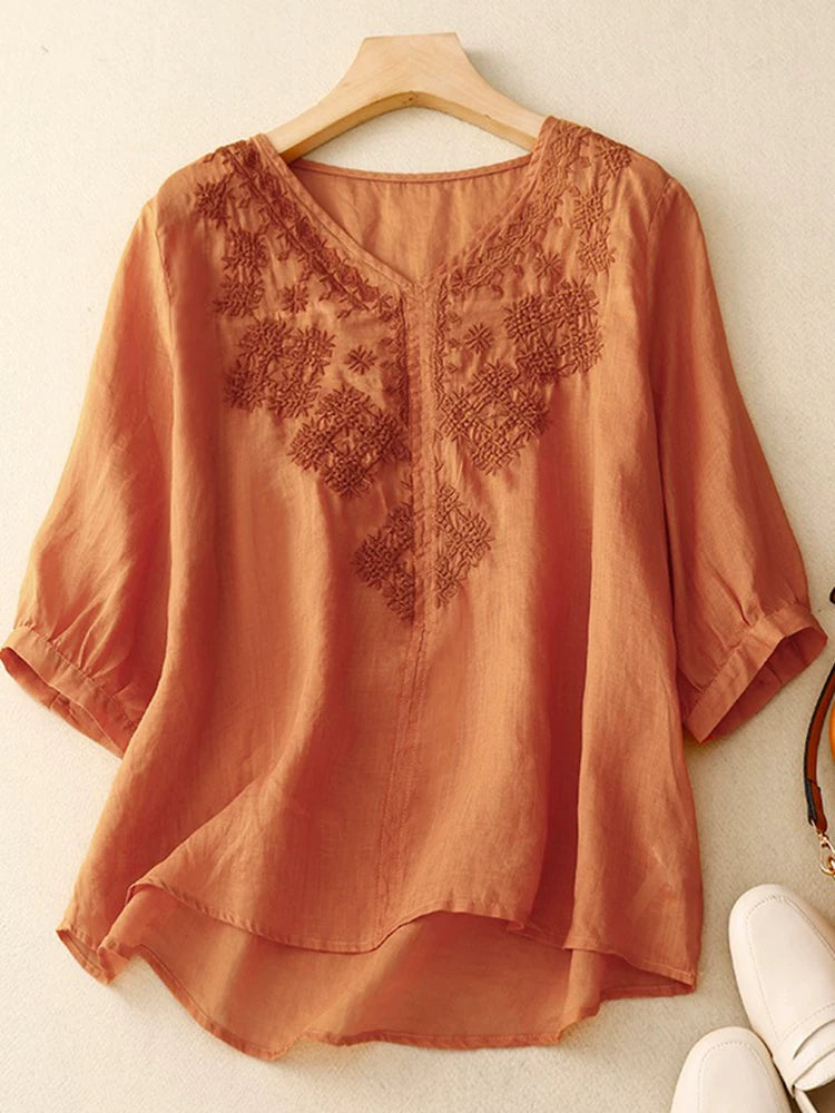 Embroidered Cotton Linen Three Quarter Sleeve Shirt