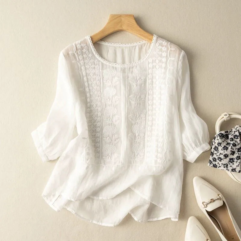 Embroidered Relaxed Top with Elbow-Length Sleeves