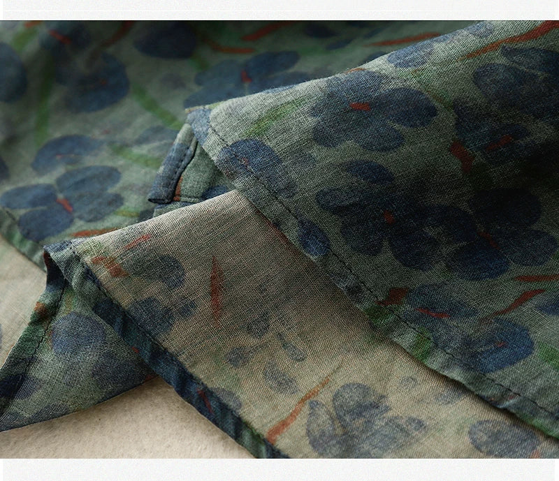 Floral Print Cotton Linen Three Quarter Sleeve Shirt