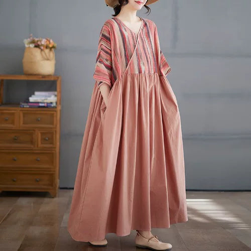 V-Neck Cotton Linen Midi Dress with Stripe Panel
